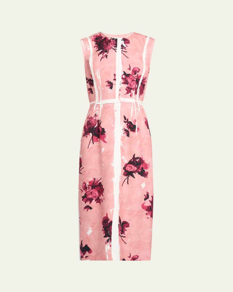 Abstract Rose Sleeveless Pencil Midi Dress